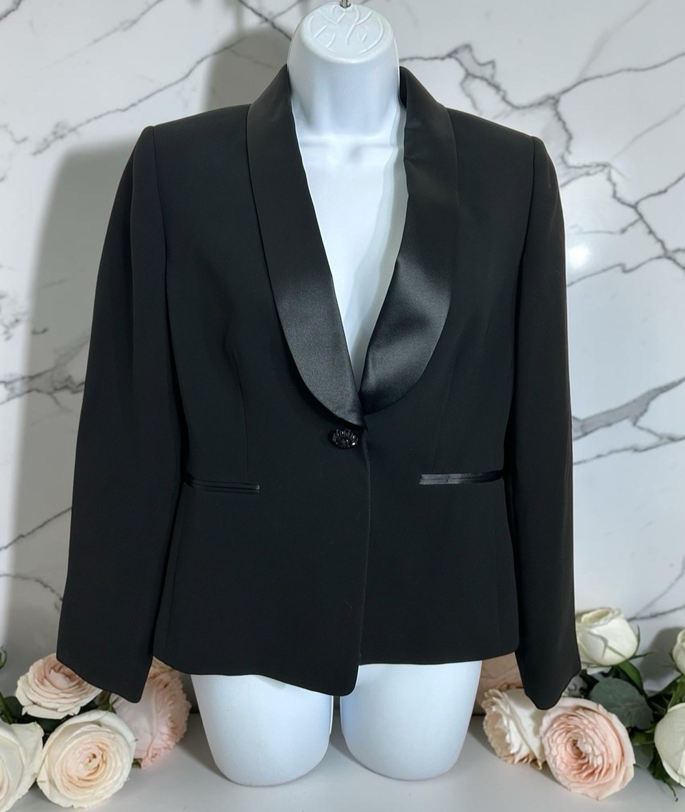 Tahari Arthur S. Levine Black Jacket Sz Petite 4P Suit Blazer Office Satin Trim